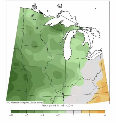 Mean temperature departure from normal